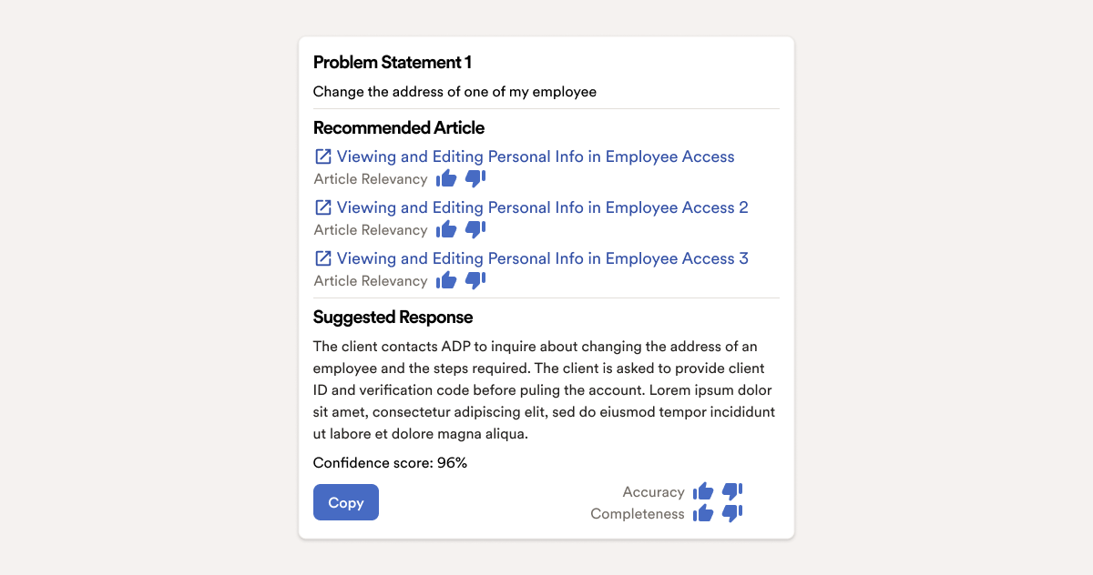 Chat Assist card showing Problem Statement, Recommended Articles, and Suggested Response.